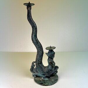 Vintage Indonesian Dragon Naga Candlestick Candelabra Bronze Balinese Art Statue
